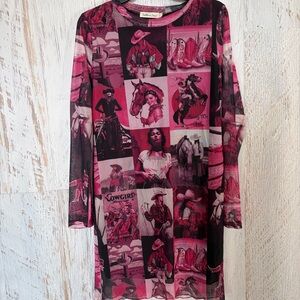 Southern Grace Pink and Black Cowgirl Graphic Sheer Sleeved Dress